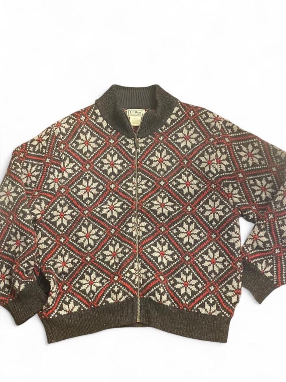 Vintage LL Bean Sweater Womens L Gray Red Full Zip Fair Isle Snowflake 90s USA